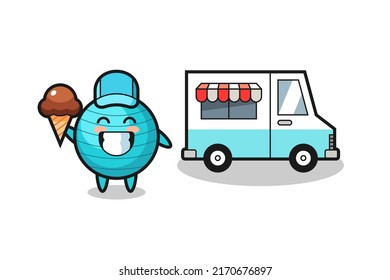 Mascot cartoon of exercise ball with ice cream truck , cute style design for t shirt, sticker, logo element