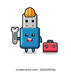 Mascot cartoon of flash drive usb as a mechanic , cute style design for t shirt, sticker, logo element