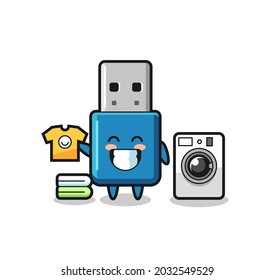 Caricatura en mascota de la unidad flash usb con lavadora , diseño de estilo lindo para camiseta, pegatina, elemento logo