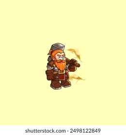 Mascot cartoon golden dwarf dwarves in the golden cave are ready for battle holding hammers and armor