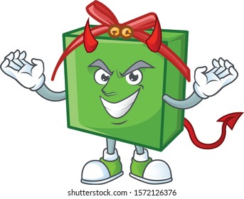 mascot cartoon of green gift box on a Devil gesture design