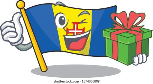 mascot cartoon of happy flag madeira with gift box