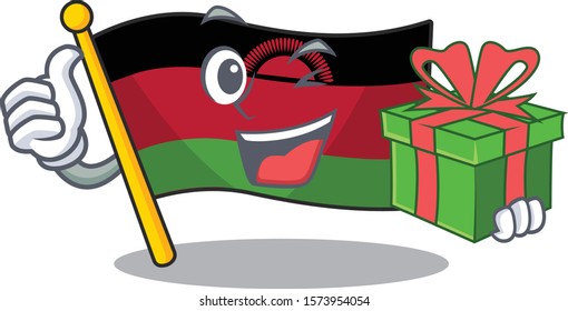 mascot cartoon of happy flag malawi with gift box