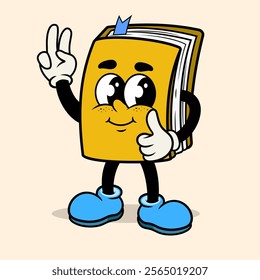 Mascot cartoon Happy Yellow Book character spirit pose in vintage retro style on background