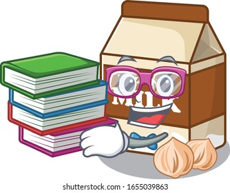 mascot cartoon of hazelnut milk studying with book