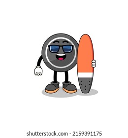 Mascot cartoon of hockey puck as a surfer , character design