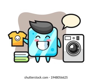 Mascot cartoon of ice cube with washing machine, cute style design for t shirt, sticker, logo element