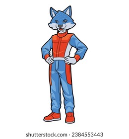 mascot Cartoon Illustration of Anthropomorphic Wolf Wearing a Multicolor Racing outfit