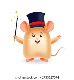 Mascot cartoon illustration. Cute mouse holding a magic stick. isolated background. Premium Vector