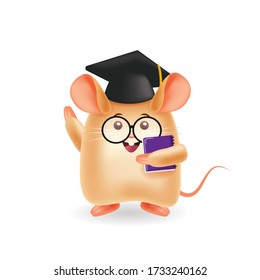 Mascot cartoon illustration. Mouse glasses and holding book with hat. isolated background. Premium Vector