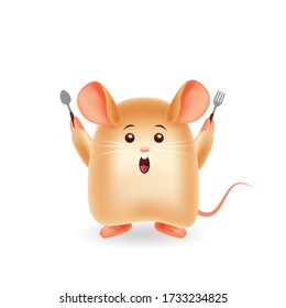 Mascot cartoon illustration. Mouse holding spoon and fork. isolated background. Premium Vector