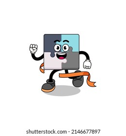 Mascot cartoon of jigsaw puzzle running on finish line , character design