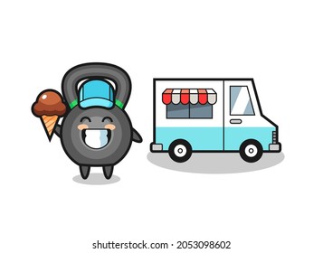 Mascot cartoon of kettlebell with ice cream truck , cute style design for t shirt, sticker, logo element