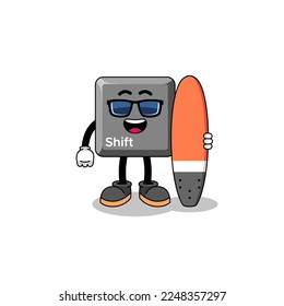 Mascot cartoon of keyboard shift key as a surfer , character design