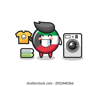 Mascot cartoon of kuwait flag badge with washing machine , cute design