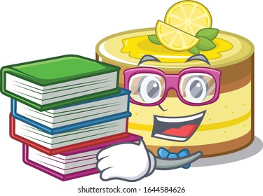 mascot cartoon of lemon cake studying with book
