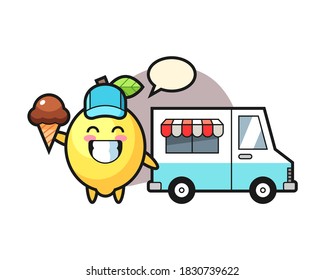 Mascot cartoon of lemon with ice cream truck