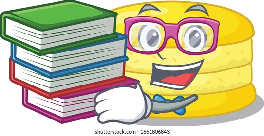 mascot cartoon of lemon macaron studying with book