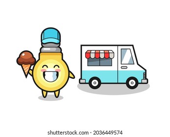 Caricatura en mascota de la bombilla de luz con un camión de helados , diseño de estilo lindo para camiseta, pegatina, elemento logo