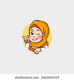 mascot cartoon logo of a cute and beautiful little girl, wearing a hijab, winking