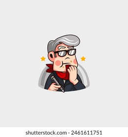 mascot cartoon logo of a middle-aged male food critic wiping food residue in his mouth while holding a pen ready to give a grade, for business, vlog, community, sticker, icon