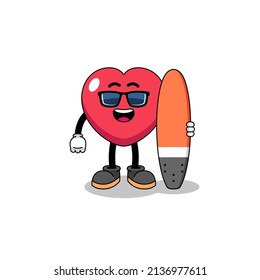Mascot cartoon of love as a surfer , character design