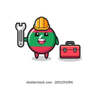 Mascot cartoon of maldives flag badge as a mechanic , cute design