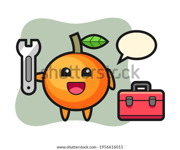 Mascot cartoon of mandarin\
orange as a mechanic, cute style design for t shirt, sticker, logo\
element