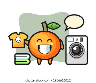 Mascot cartoon of mandarin orange with washing machine, cute style design for t shirt, sticker, logo element