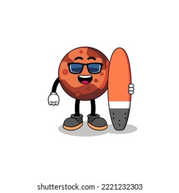 Mascot cartoon of mars planet as a surfer , character design