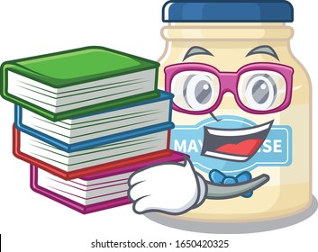 mascot cartoon of mayonnaise studying with book