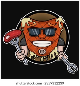 Mascot Cartoon of Meat Steak With Holding Meat and Forks. With Circle Logo. For Food, Meat, Barbeque and Beef Logo. Vectors Illustrations