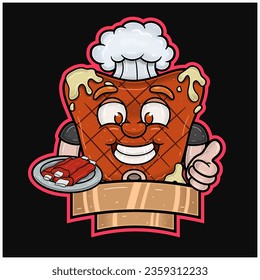 Mascot Cartoon of Meat Steak With Meat In Plate And Happy Face. With Blank Sign. For Food, Meat, Barbeque and Beef Logo. Vectors Illustrations