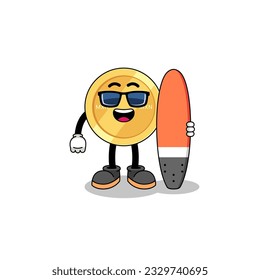 Mascot cartoon of mexican peso as a surfer , character design