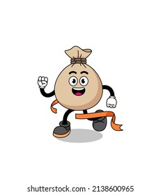Mascot cartoon of money sack running on finish line , character design