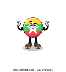 Caricatura mascota de la bandera de myanmar posando con músculo, diseño de personajes