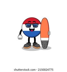 Mascot cartoon of netherlands flag as a surfer , character design
