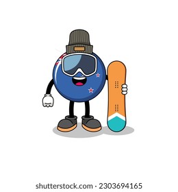 Mascot cartoon of new zealand flag snowboard player , character design