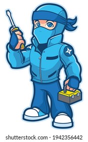 Mascot with cartoon ninja repairman ready to help.