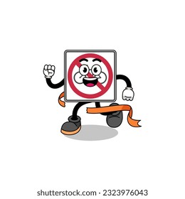 Mascot cartoon of no bicycles road sign running on finish line , character design