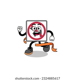 Mascot cartoon of no left or U turn road sign running on finish line , character design