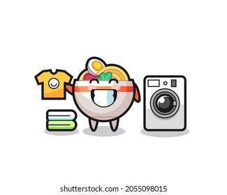 Mascot cartoon of noodle bowl with washing machine , cute style design for t shirt, sticker, logo element