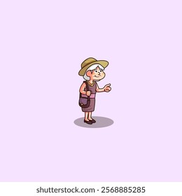 Mascot cartoon of old woman wearing a beach hat ready to go on vacation in summer