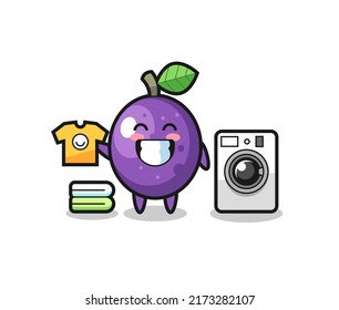 Mascot cartoon of passion fruit with washing machine , cute style design for t shirt, sticker, logo element