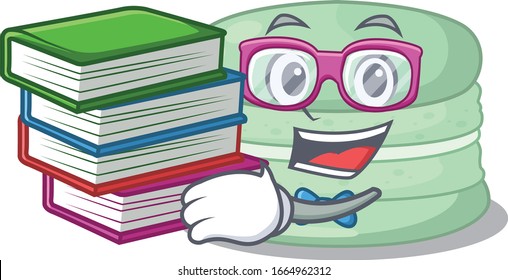 mascot cartoon of pistachio macaron studying with book