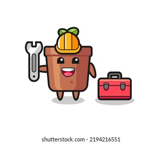 Mascot cartoon of plant pot as a mechanic , cute style design for t shirt, sticker, logo element