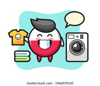Mascot cartoon of poland flag badge with washing machine, cute style design for t shirt, sticker, logo element