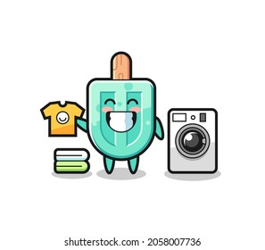 Caricatura mascota de los palillos con lavadora , diseño lindo