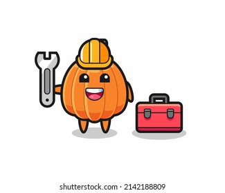 Mascot cartoon of pumpkin as a mechanic , cute design