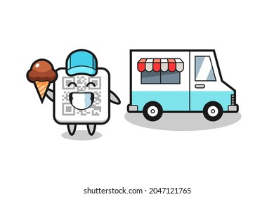 Caricatura mascota del código qr con camión de helados , diseño lindo